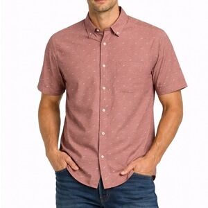 Vuori Bridge Short Sleeve Button Down Shirt Men XL Light Terracotta Dagger Print